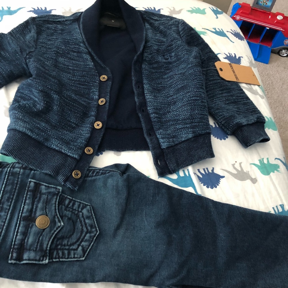 True Religion sweater and jeans